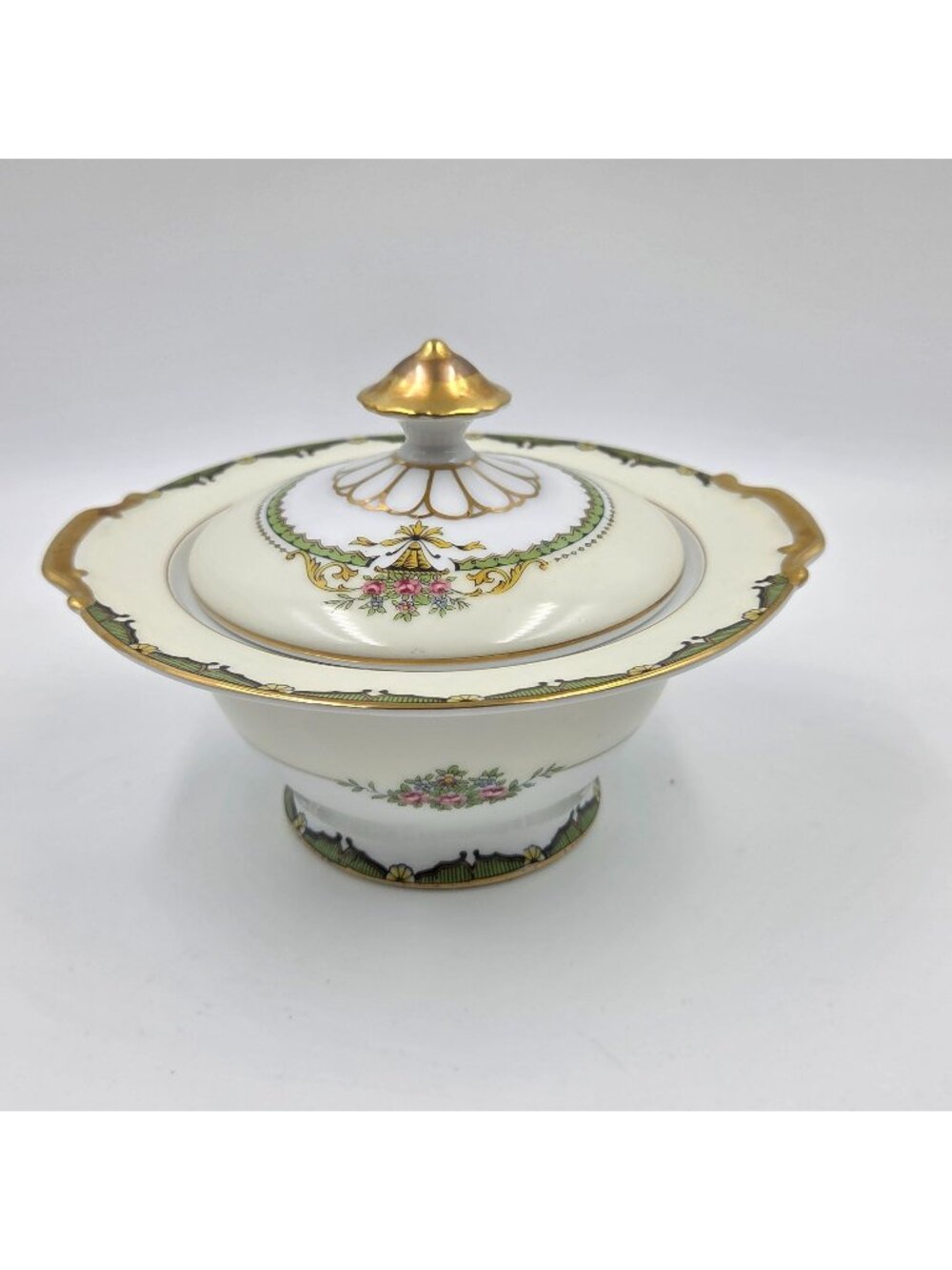 Noritake Penelope Sugar Bowl and Lid Green Border Pink Roses Urn Gold Trim
